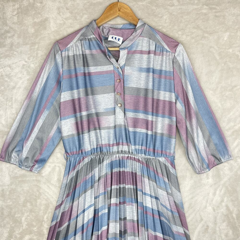 Vtg 80s Cue Fashions Striped Pleated Midi Dress Size 16.5 Large Retro Glamoratti - Picture 2 of 16